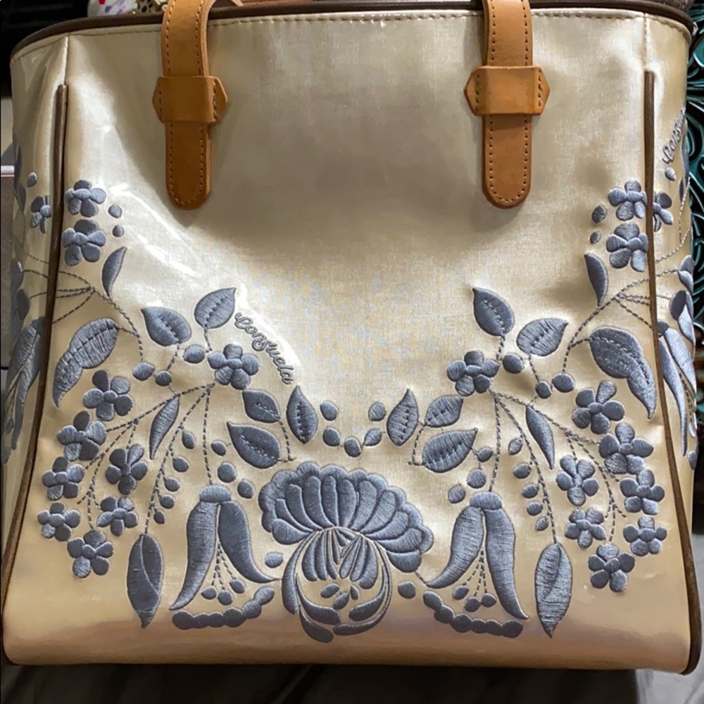 Embroidered Taupe Vinyl Tote